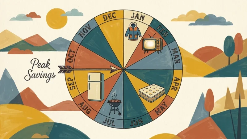 A colorful mid-century style illustration of a yearly calendar wheel showing the best months to buy specific household items for savings.