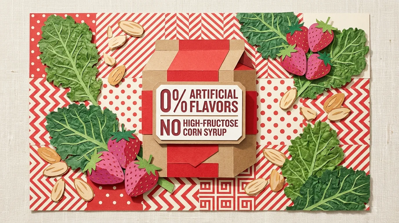 A colorful paper collage of fresh fruits and vegetables with labels emphasizing zero artificial flavors and no high-fructose corn syrup.