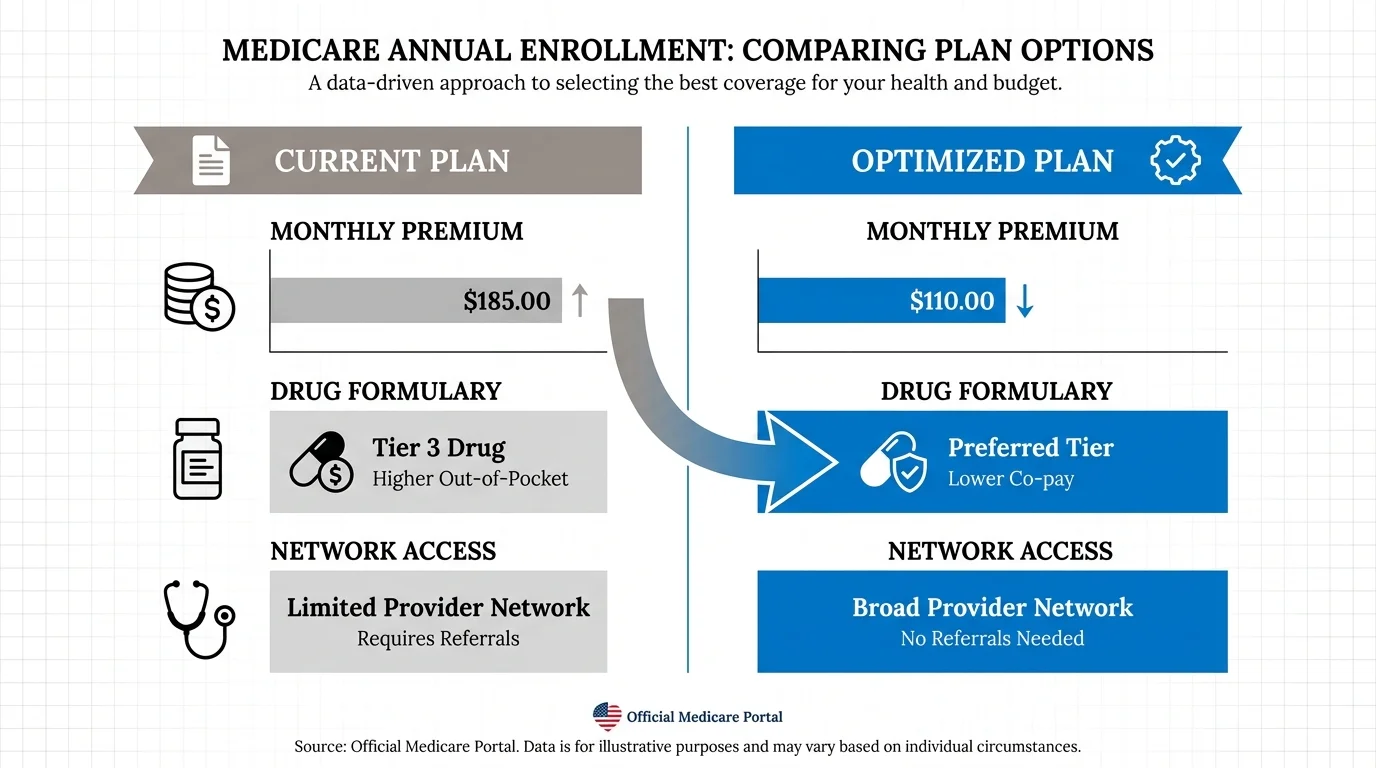 A comparative diagram showing the difference between a current Medicare plan and an optimized plan with lower drug costs.