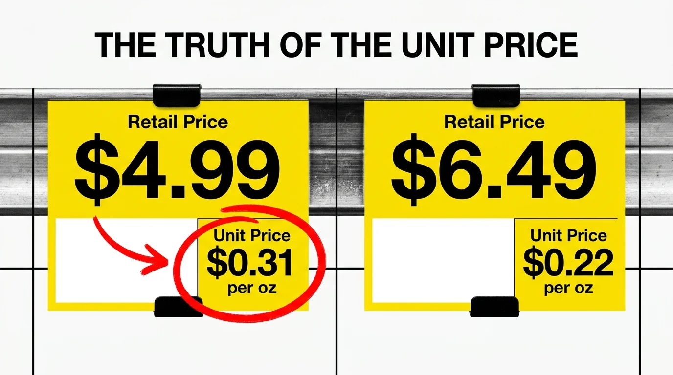 A comparison of two grocery shelf tags highlighting the unit price per ounce.