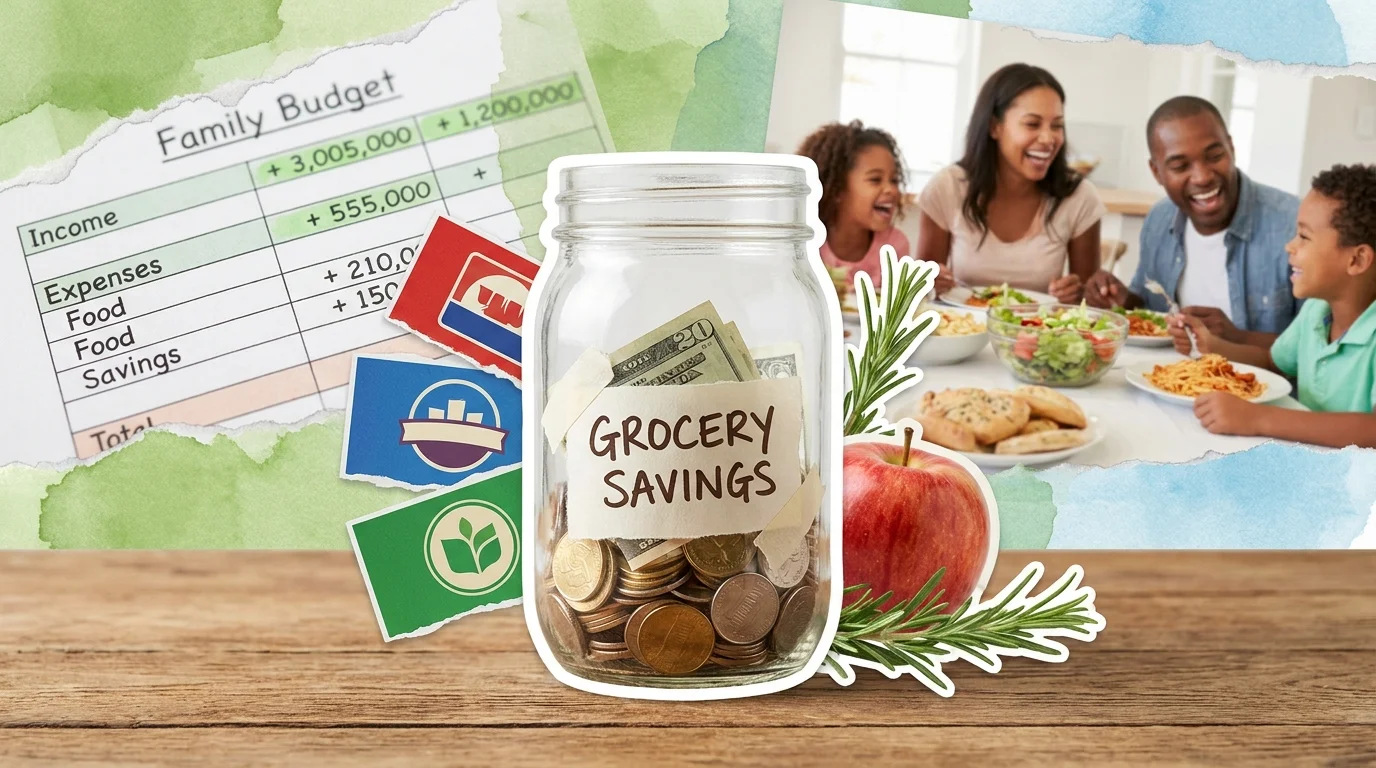 A conceptual collage featuring a savings jar labeled 'Grocery Savings' surrounded by healthy food and store labels.