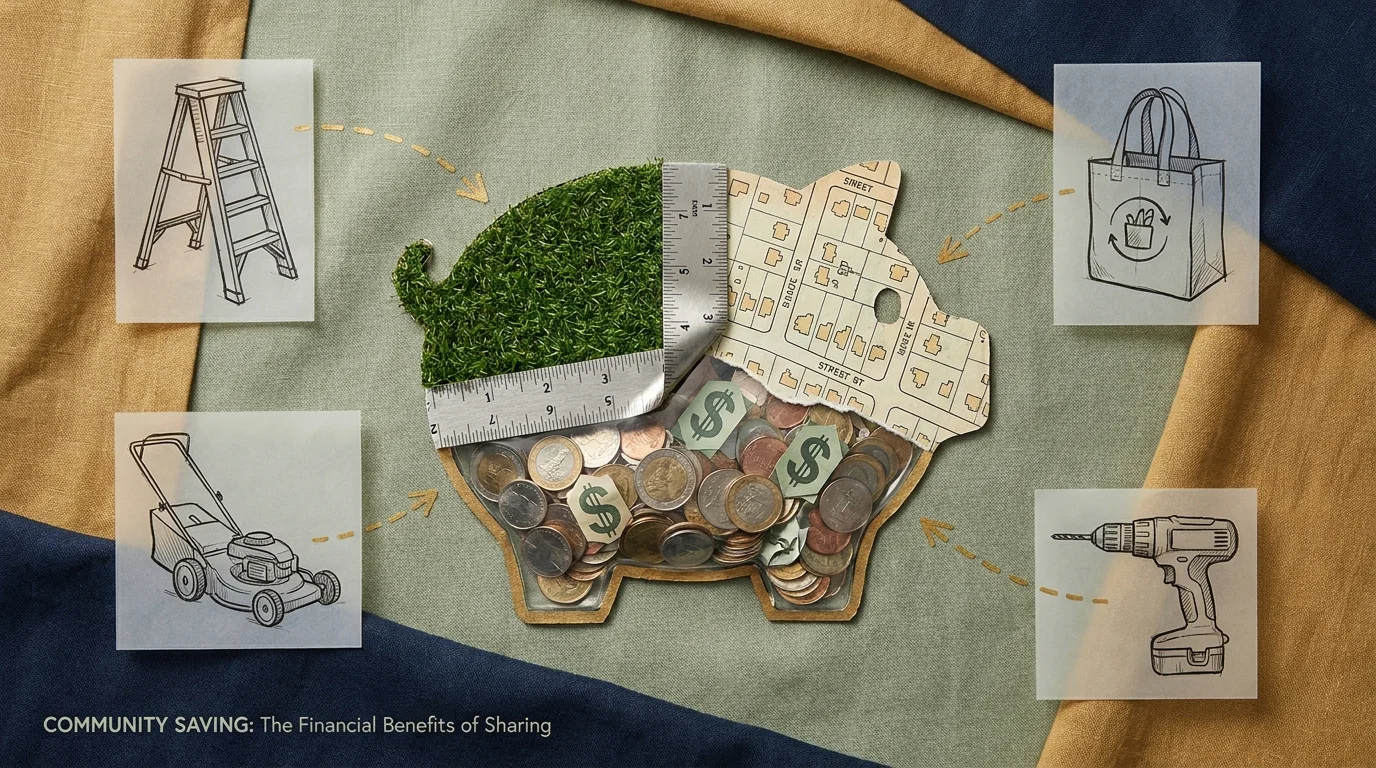 A conceptual collage of a piggy bank made from neighborhood map pieces and tools, symbolizing total savings.