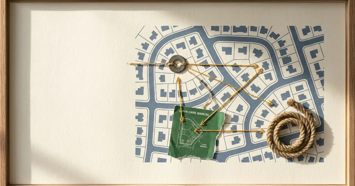 A conceptual collage showing a neighborhood map connected by golden threads, symbolizing shared resources and community saving.