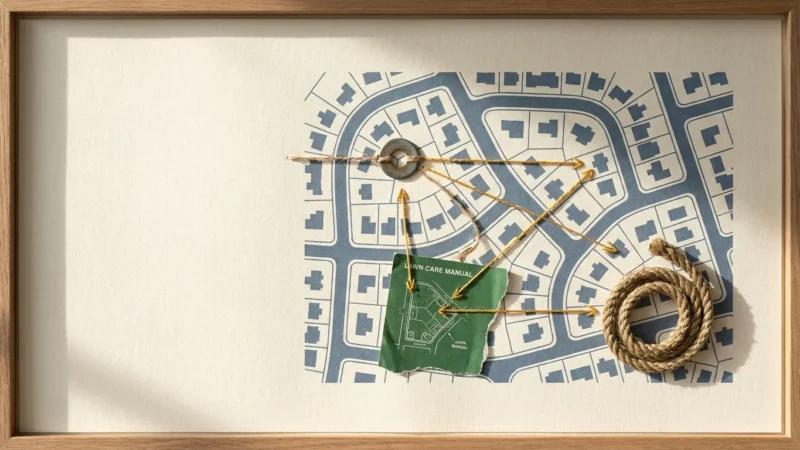 A conceptual collage showing a neighborhood map connected by golden threads, symbolizing shared resources and community saving.
