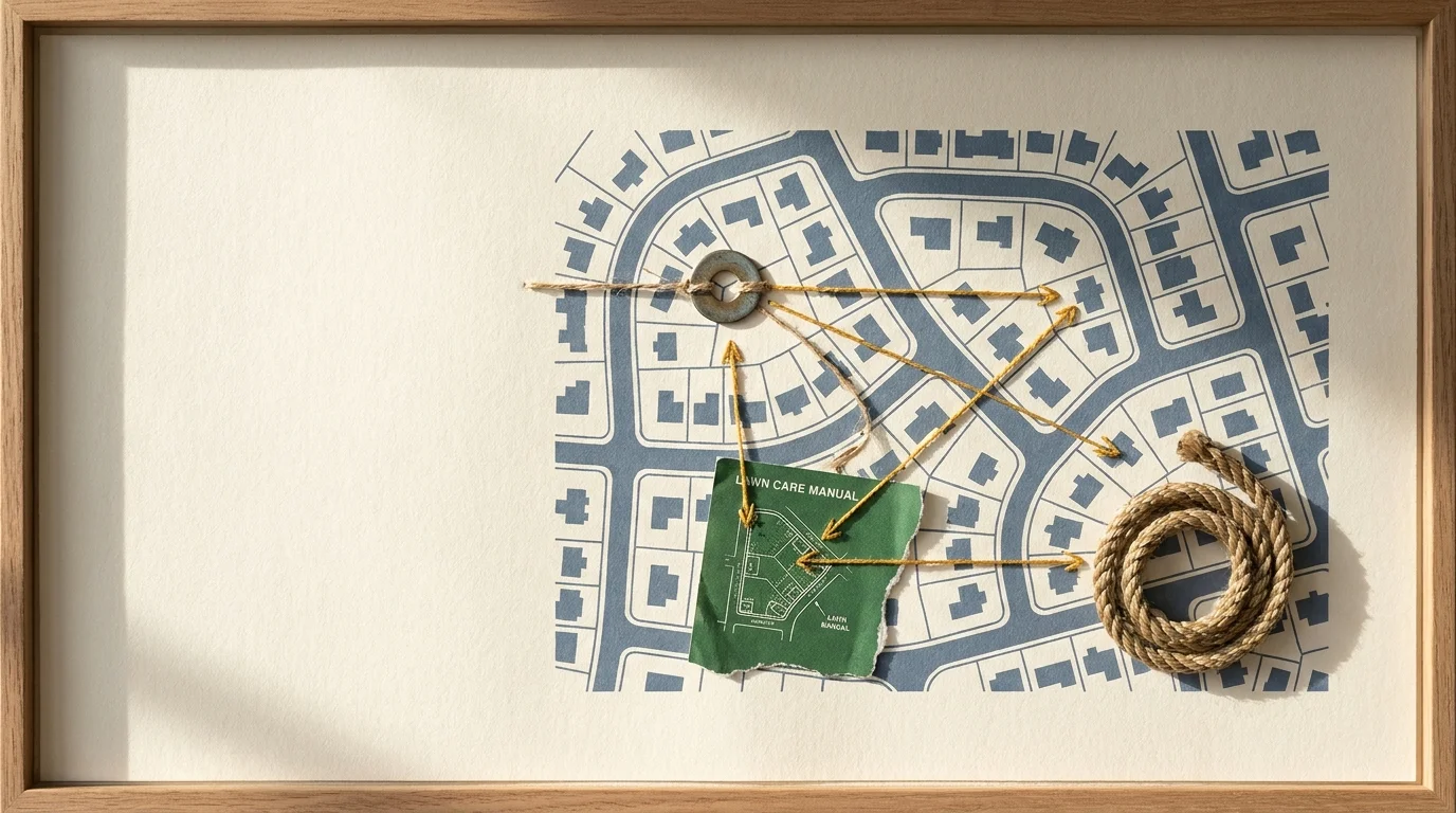 A conceptual collage showing a neighborhood map connected by golden threads, symbolizing shared resources and community saving.