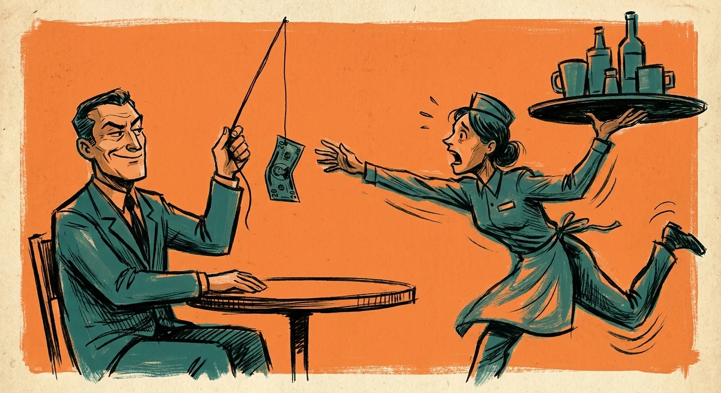 A conceptual illustration of a diner dangling a twenty-dollar bill like a carrot on a string for a server.