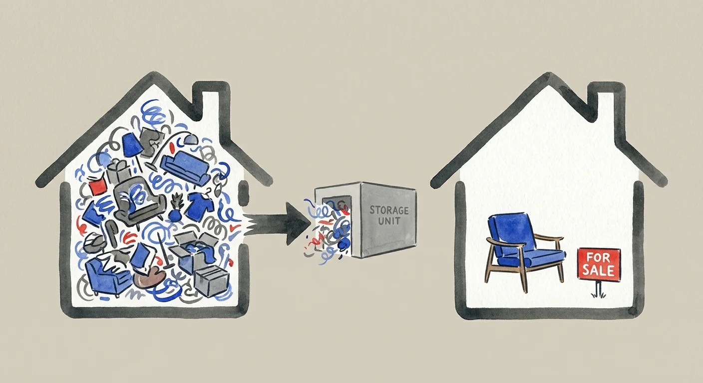 A conceptual illustration showing clutter moving from a house into a storage unit to make the house ready for sale.