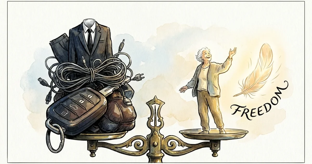 A conceptual watercolor illustration of a scale balancing heavy lifestyle expenses against a single feather labeled freedom.