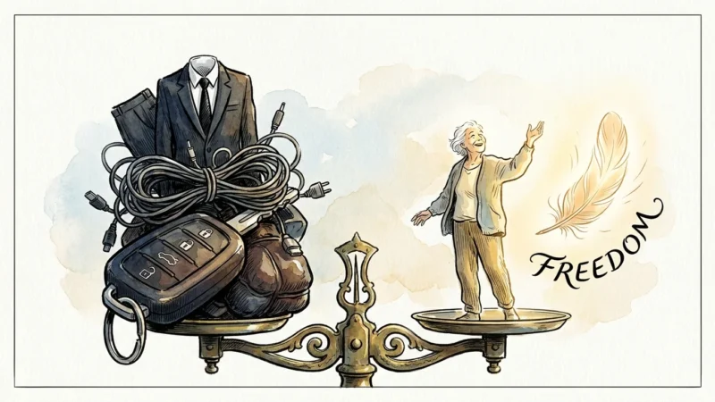 A conceptual watercolor illustration of a scale balancing heavy lifestyle expenses against a single feather labeled freedom.