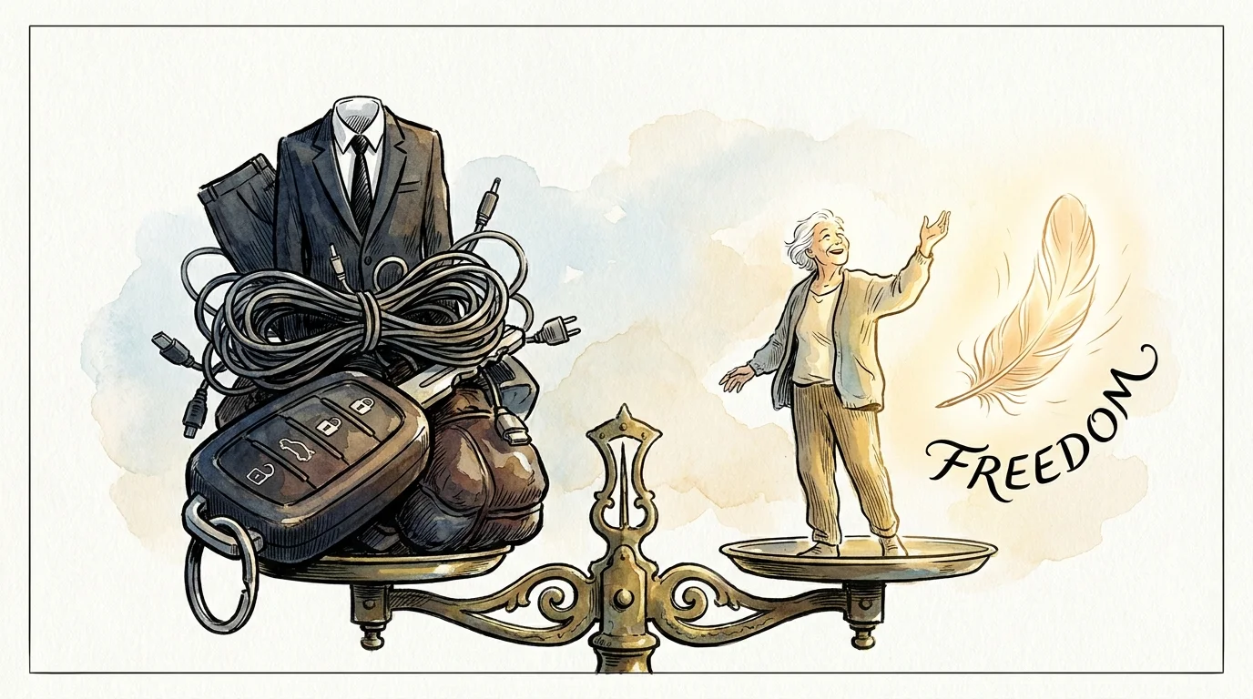 A conceptual watercolor illustration of a scale balancing heavy lifestyle expenses against a single feather labeled freedom.