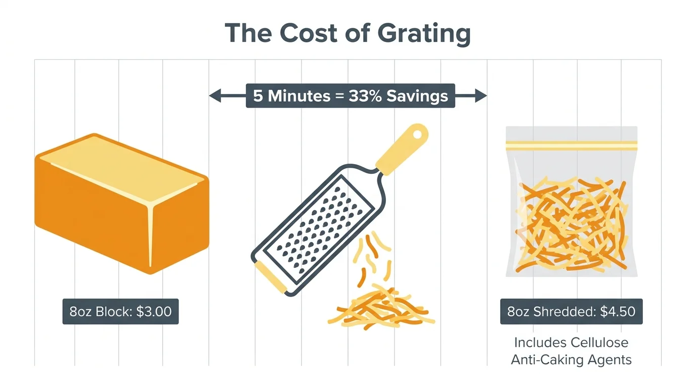 A diagram comparing a $3 block of cheese to a $4.50 bag of shredded cheese, highlighting the savings of grating it yourself.