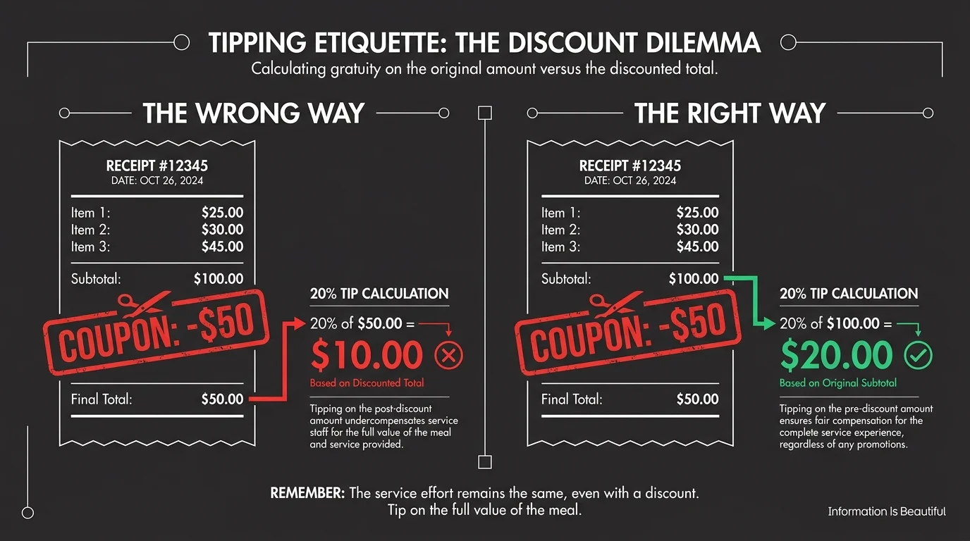 A diagram comparing a tip calculated on a discounted total versus the correct tip calculated on the full subtotal.