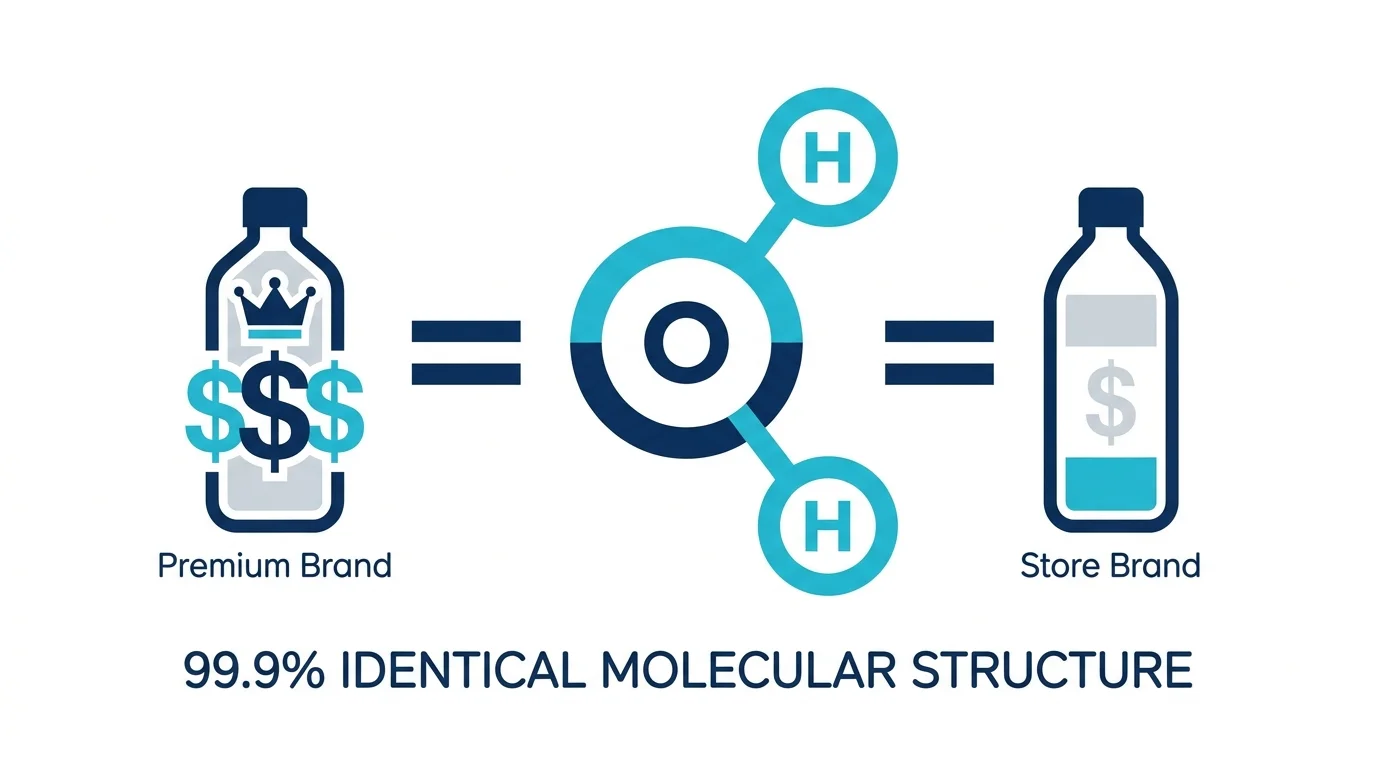 A diagram comparing name-brand and generic water, showing they are molecularly identical.