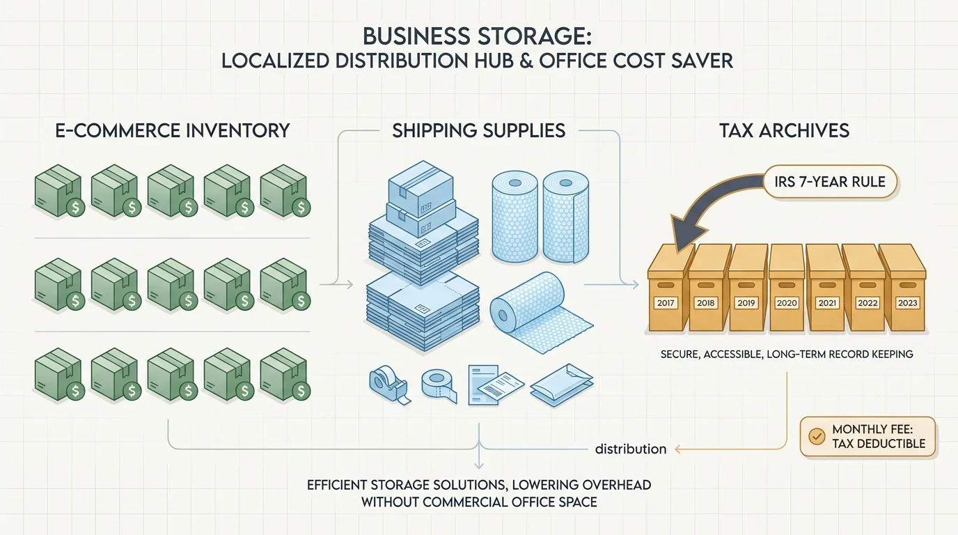 A diagram showing a storage unit divided into inventory, shipping supplies, and seven years of tax archive boxes.