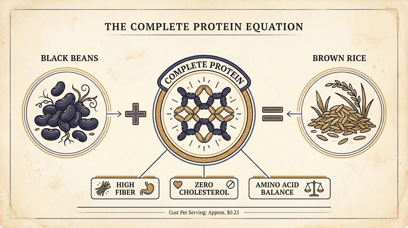 A diagram showing how black beans and rice combine to form a complete, low-cost protein source for seniors.