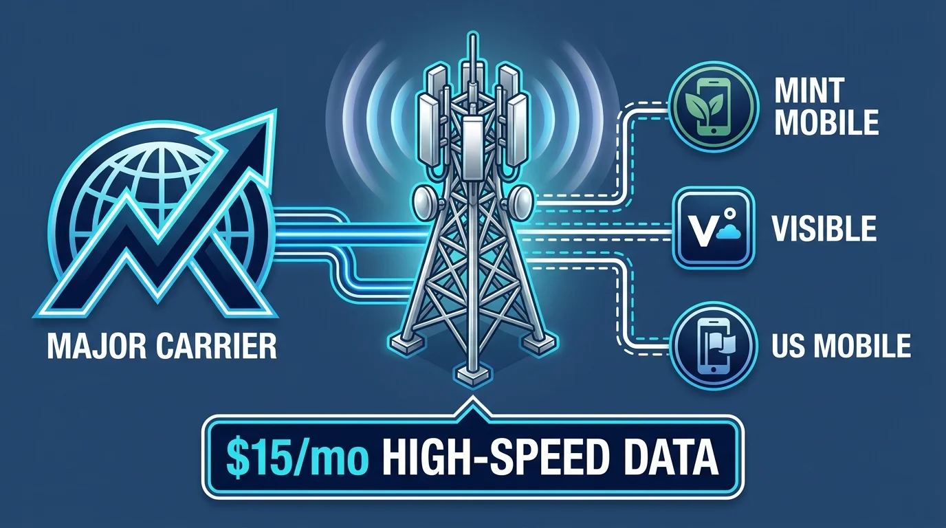 A diagram showing multiple discount phone carriers sharing the same cell tower as major providers.