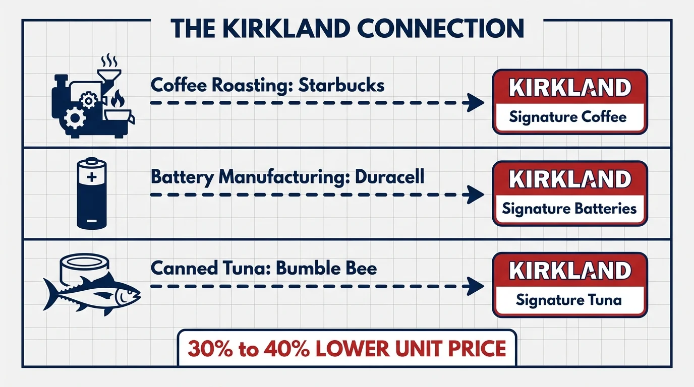 A diagram showing that major brands like Starbucks and Duracell manufacture Kirkland Signature products, offering 30-40% savings.