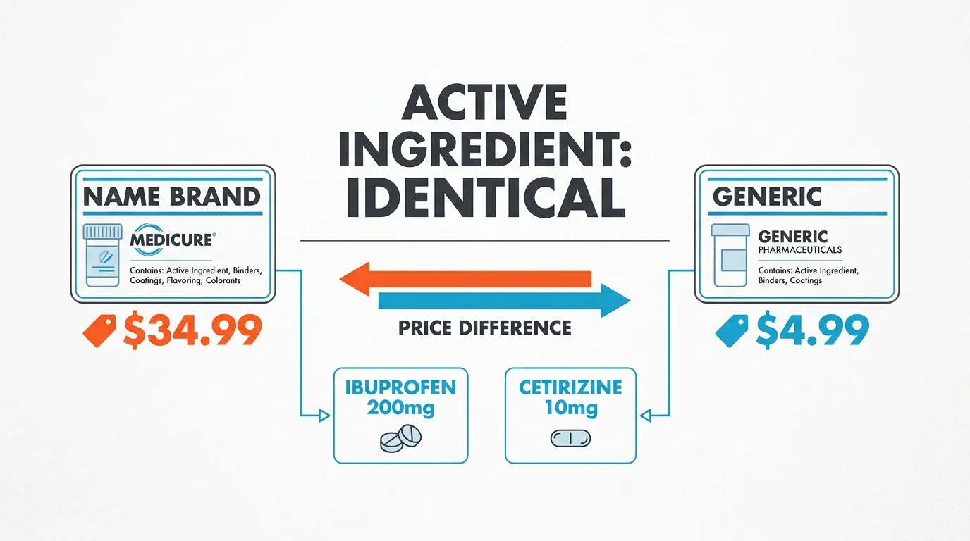 A diagram showing that the active ingredients in name-brand and generic medications like Ibuprofen are identical.