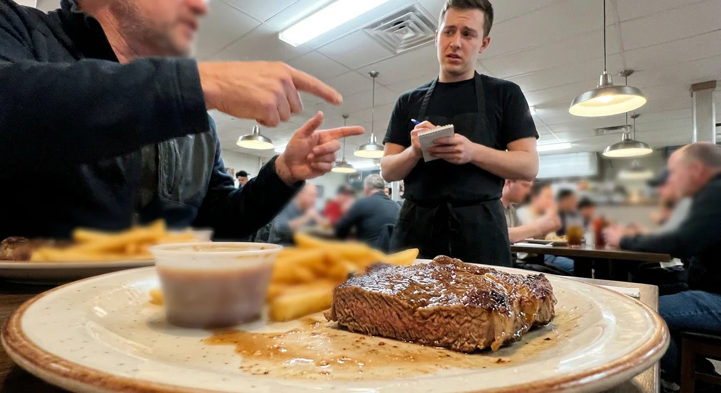 A diner gesturing at an overcooked steak while a stressed server stands by the table.