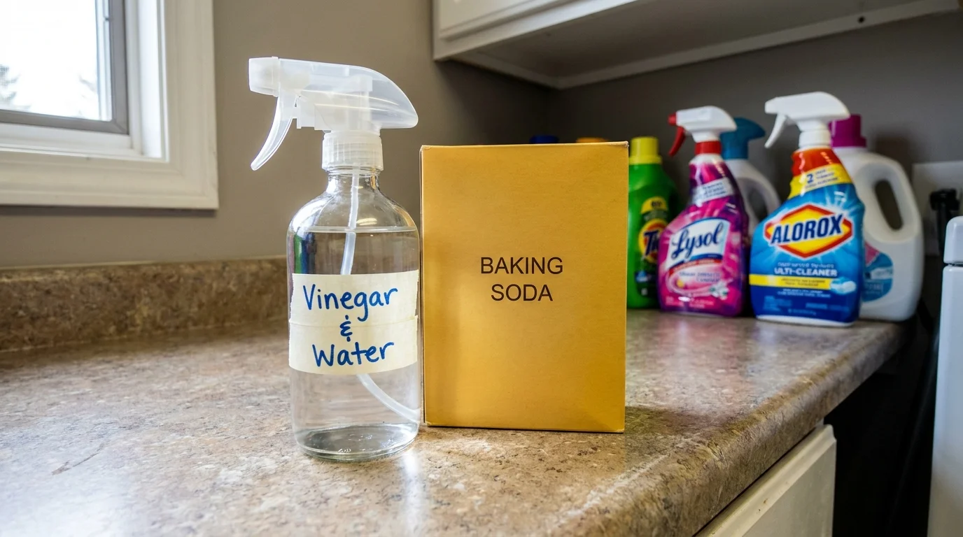 A DIY spray bottle labeled 'Vinegar & Water' stands in front of expensive commercial cleaning products.