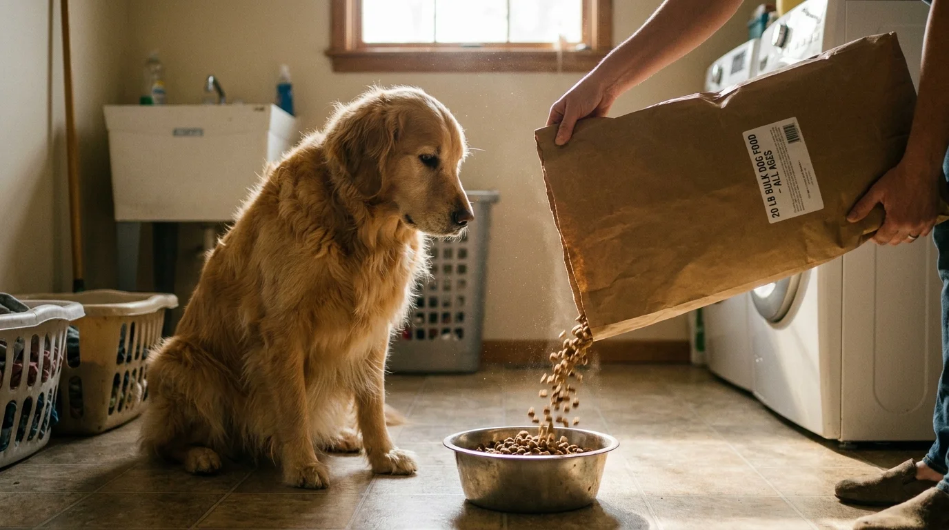 A dog waiting for food as its owner pours kibble from a large, economical bag instead of expensive gourmet cans.