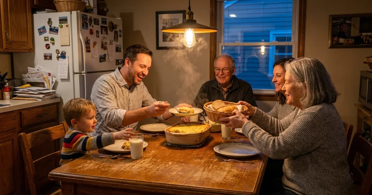 A family sharing a large home-cooked meal around a wooden table in a warm, cozy kitchen at dusk.