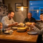 A family sharing a large home-cooked meal around a wooden table in a warm, cozy kitchen at dusk.