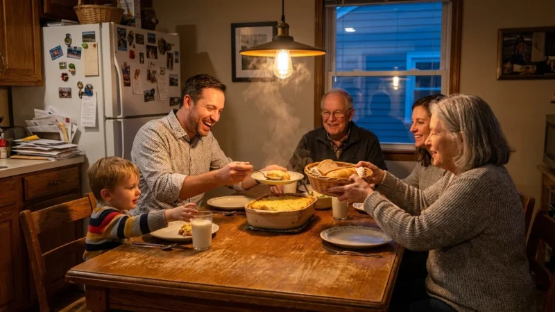 A family sharing a large home-cooked meal around a wooden table in a warm, cozy kitchen at dusk.