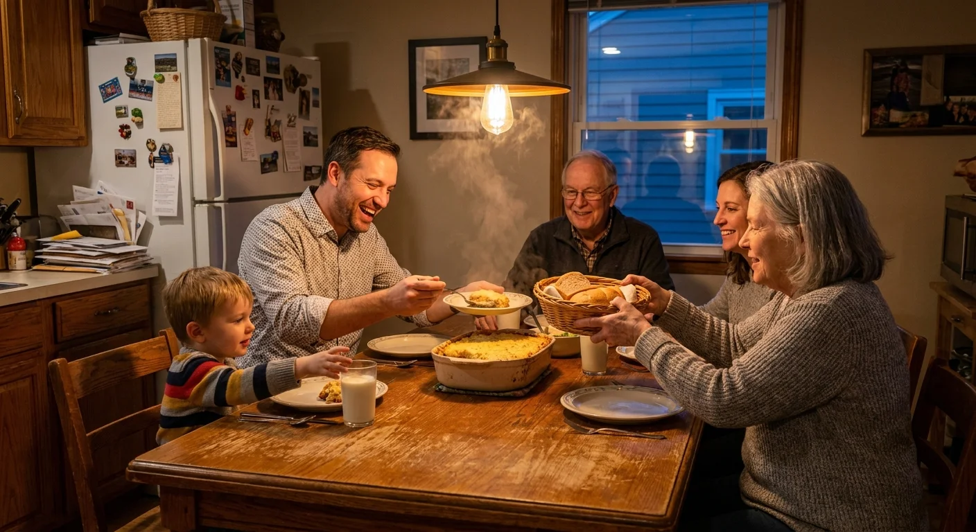 A family sharing a large home-cooked meal around a wooden table in a warm, cozy kitchen at dusk.