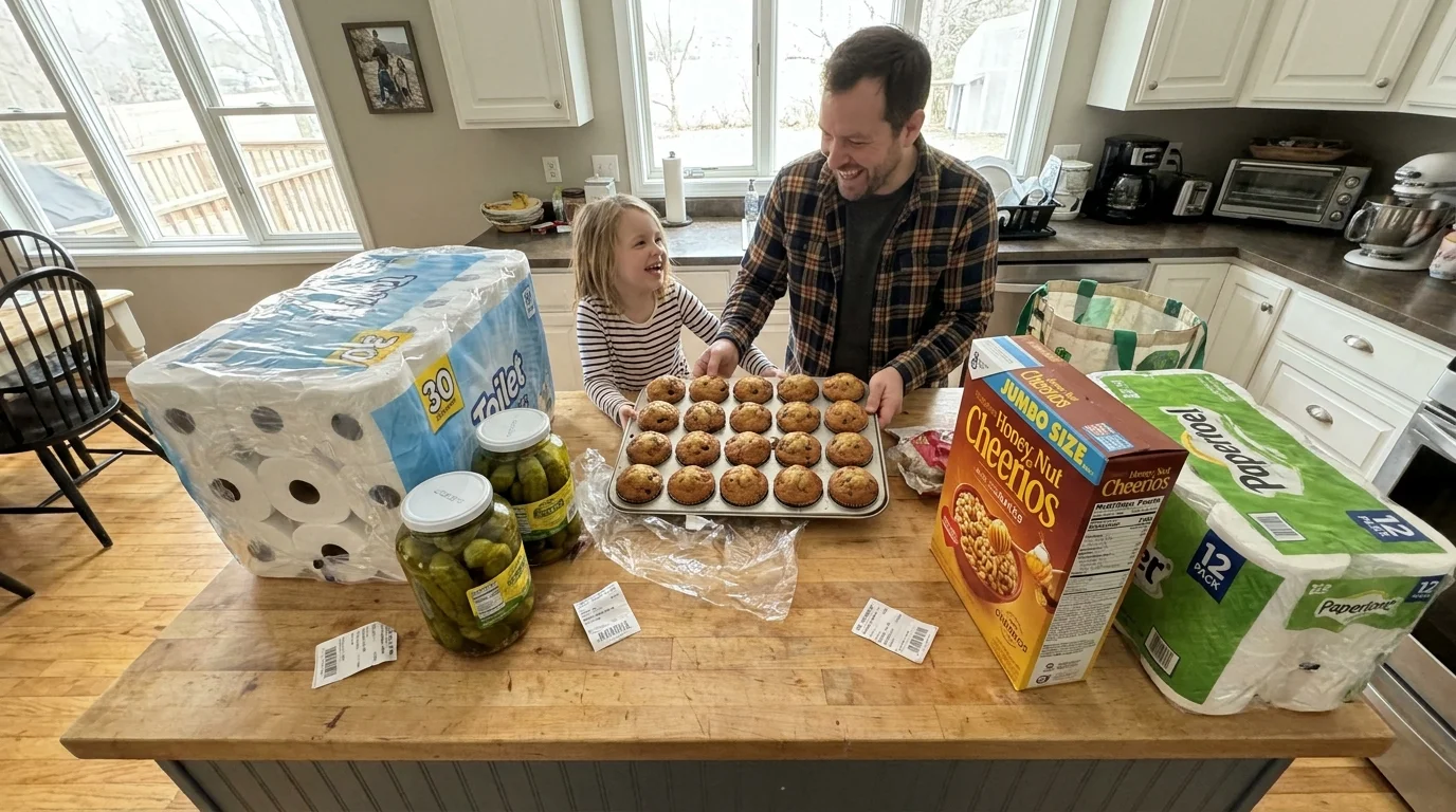 A father and daughter unloading a massive bulk grocery haul onto a crowded kitchen island.