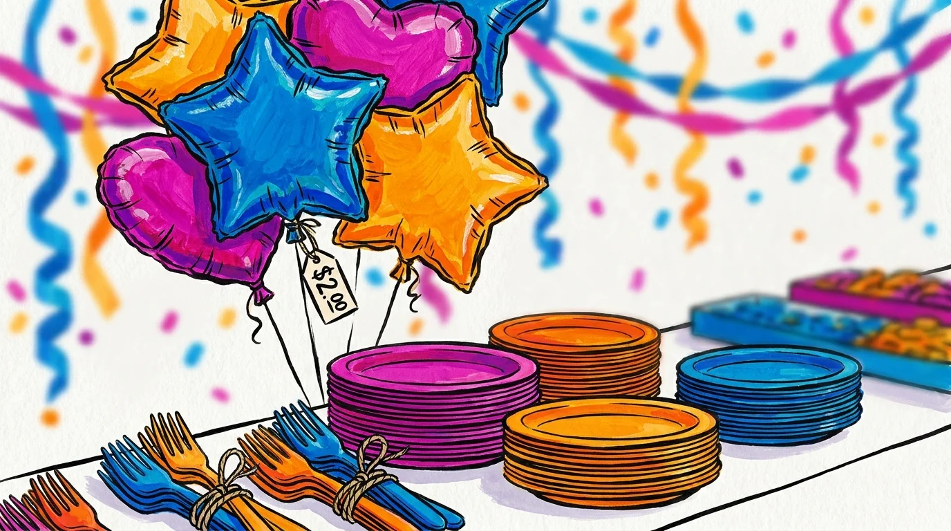 A festive illustration of mylar balloons and stacks of paper plates with a two-dollar price label.