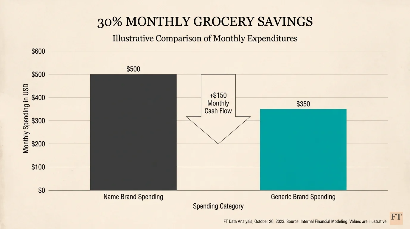 A financial chart showing a 30 percent reduction in grocery costs by switching to generic brands.