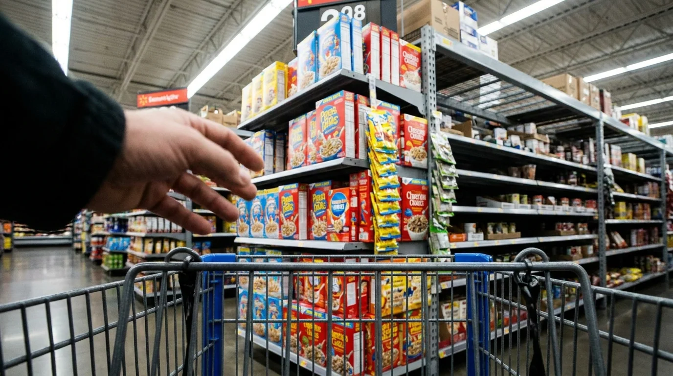 A first-person view from a shopping cart approaching a brightly lit, colorful endcap display at the end of a grocery aisle.