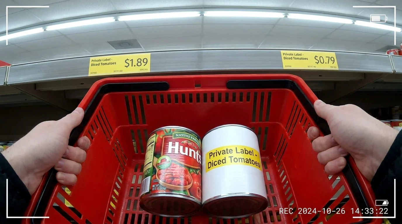 A first-person view of a shopper comparing a name-brand tomato can to a much cheaper store-brand version.