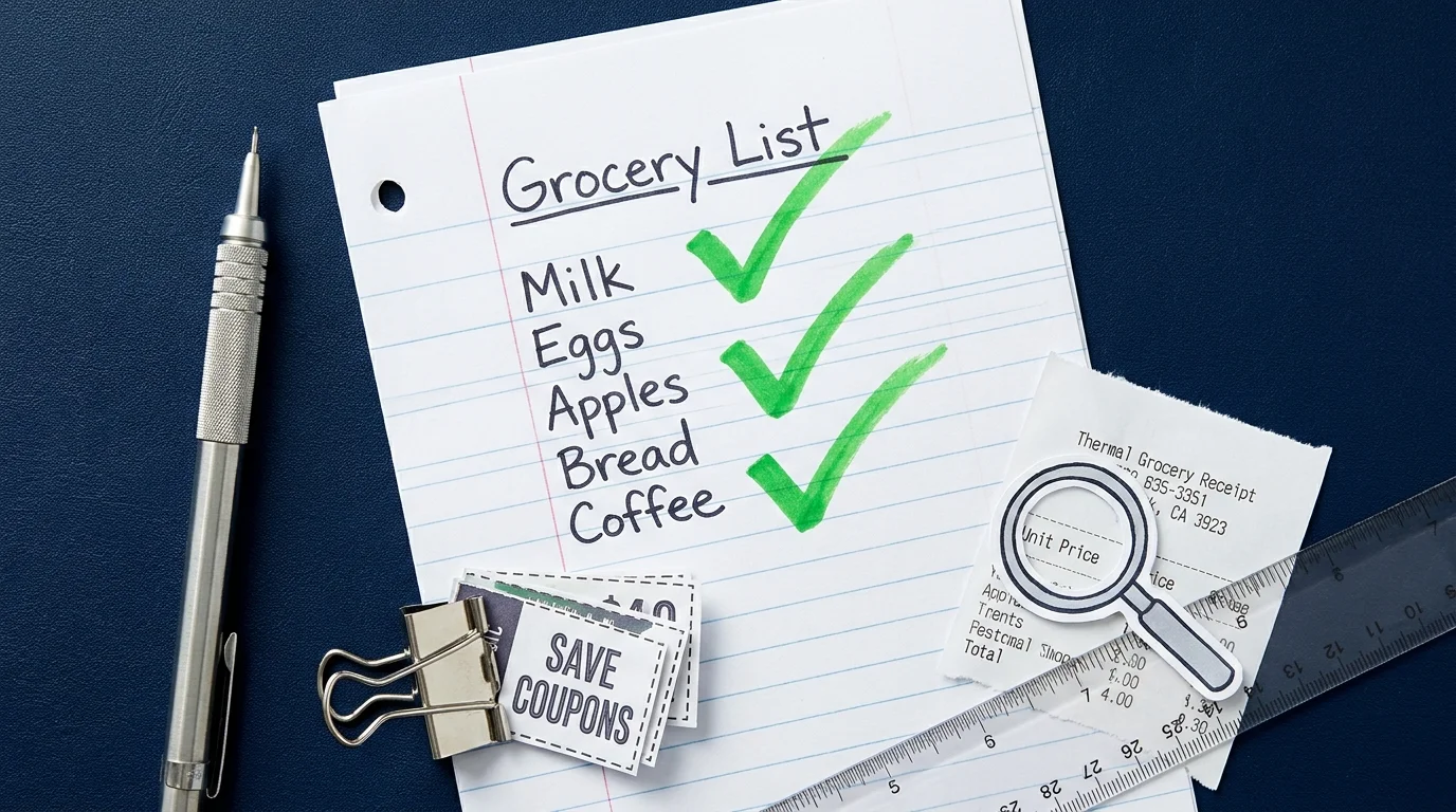 A flat-lay of a grocery list, pencil, and coupons on a blue desk, symbolizing a plan for smart shopping.