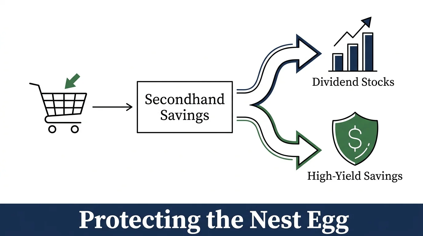 A flow diagram showing how savings from secondhand shopping are redirected into investments and savings.