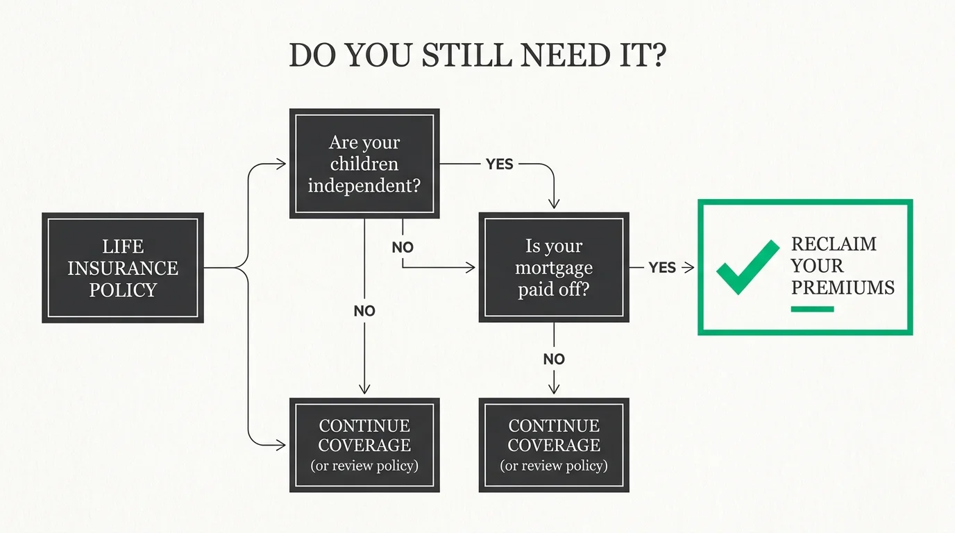 A flowchart asking if children are independent and mortgages are paid off to determine if life insurance is still necessary.