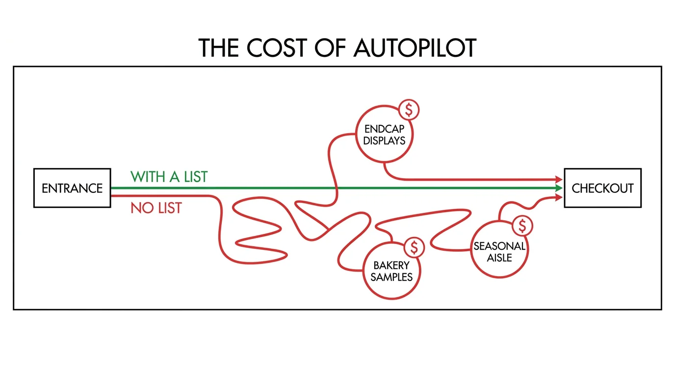 A flowchart comparing a direct path through a store with a list versus a wandering, expensive path without one.