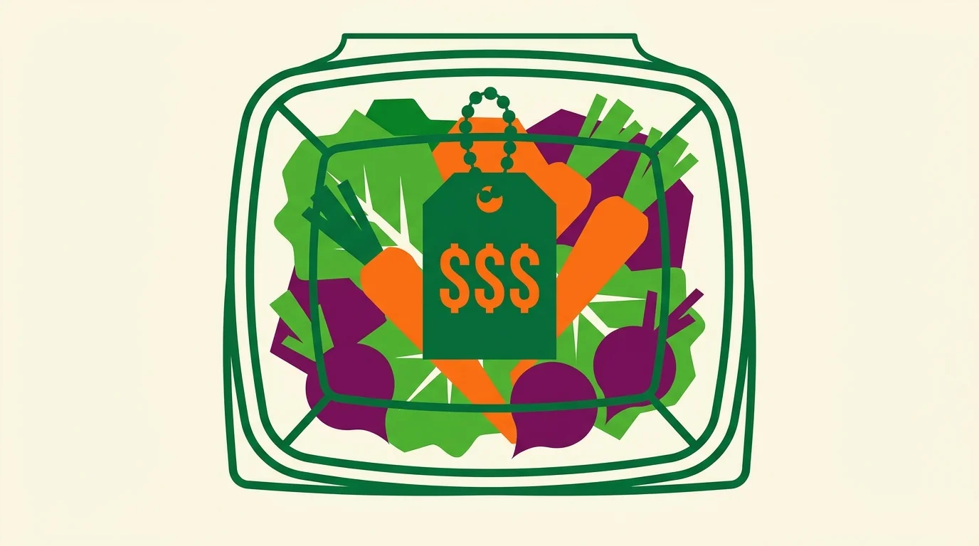 A geometric illustration of a pre-packaged salad with an oversized price tag integrated into the lid.