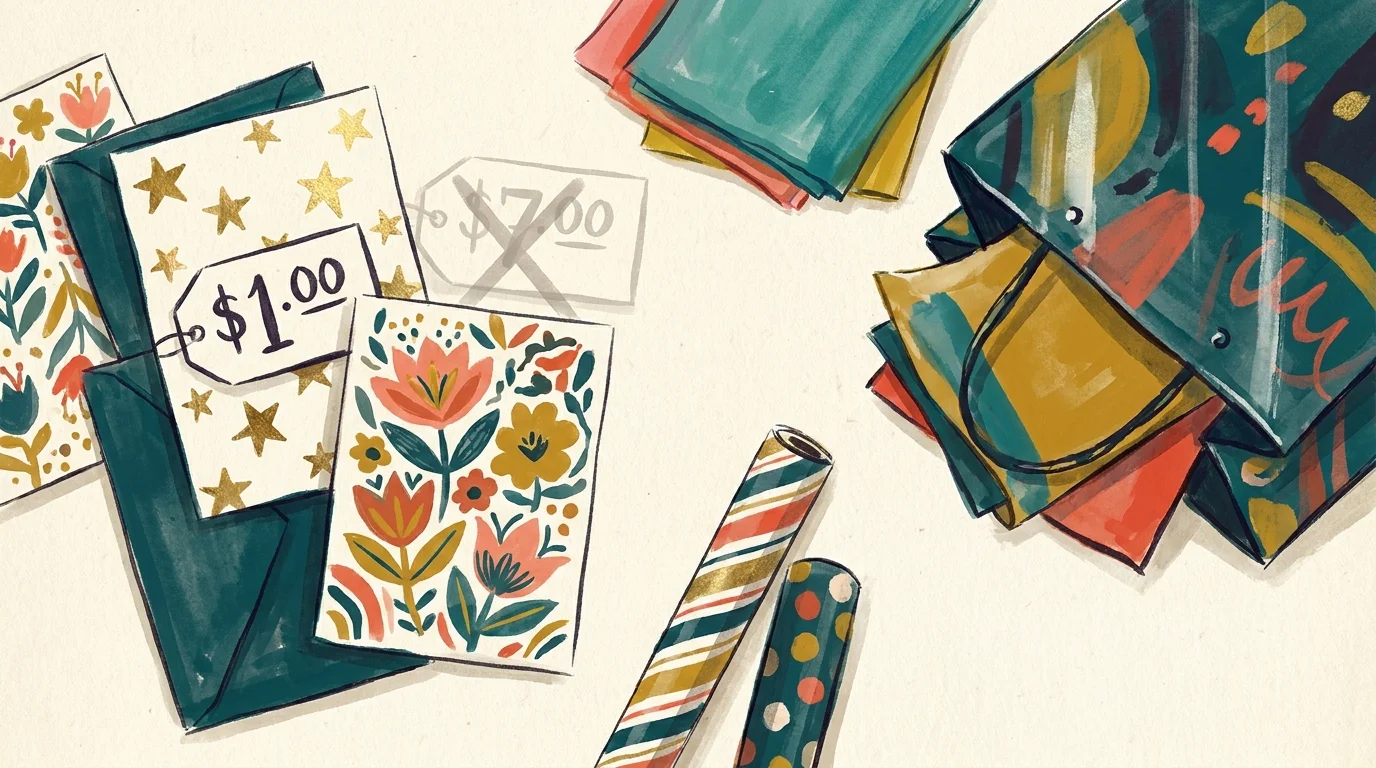 A gouache illustration of colorful greeting cards and gift bags with a prominent one-dollar price tag.