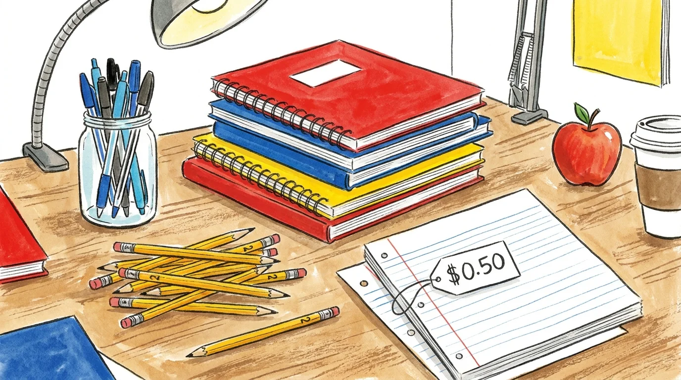 A gouache illustration of school supplies including pencils, notebooks, and pens with a fifty-cent price tag.