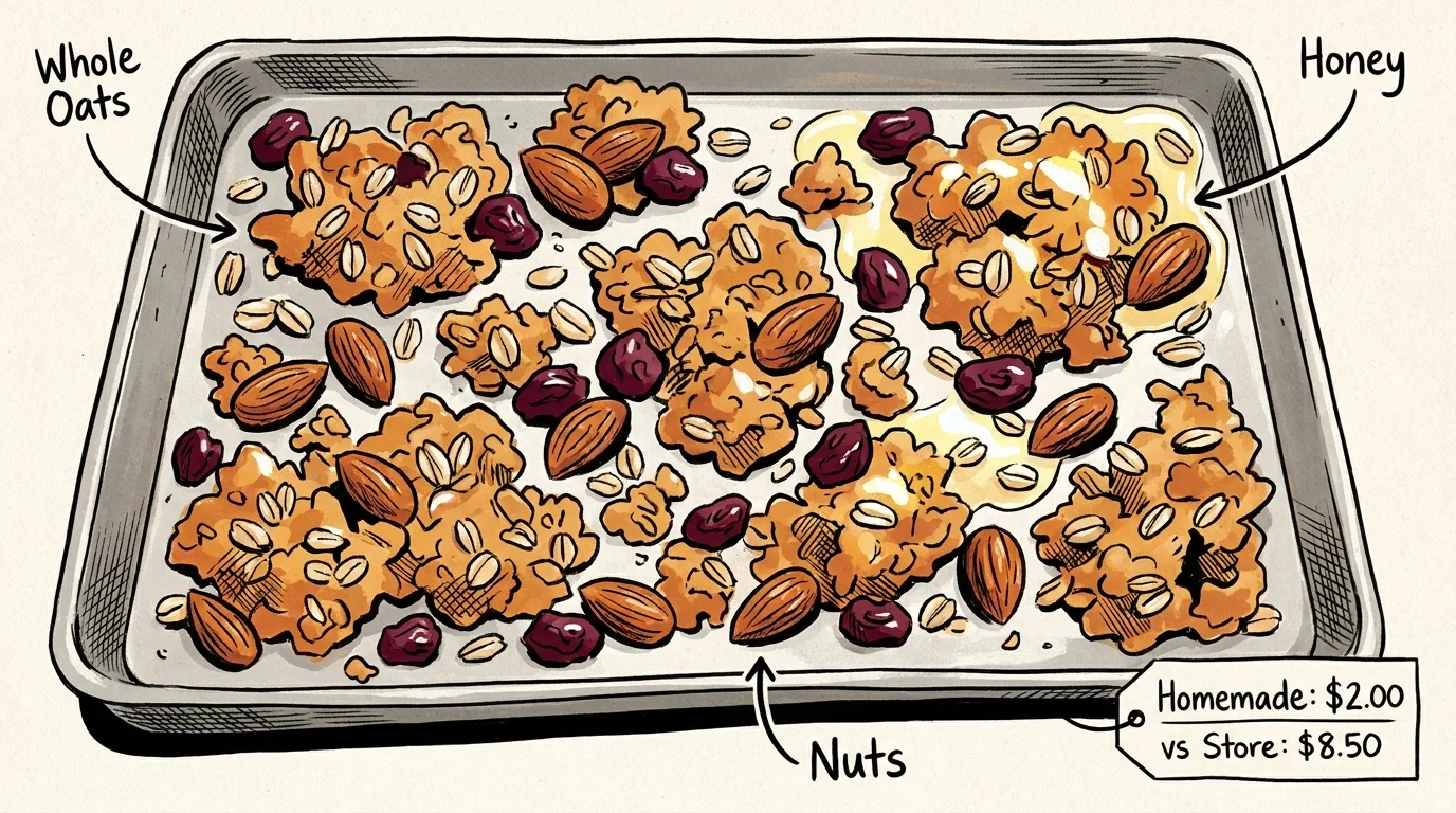 A graphic illustration of a granola baking sheet with labels comparing the 2 dollar homemade cost to the 8.50 store price.