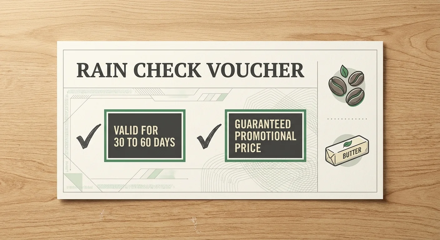 A graphic illustration of a store rain check voucher with labels indicating it is valid for 30 to 60 days.