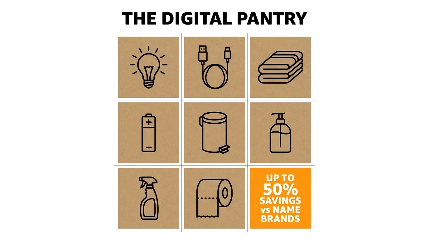 A grid of icons for household essentials like lightbulbs and cables, highlighting up to 50% savings over name brands.