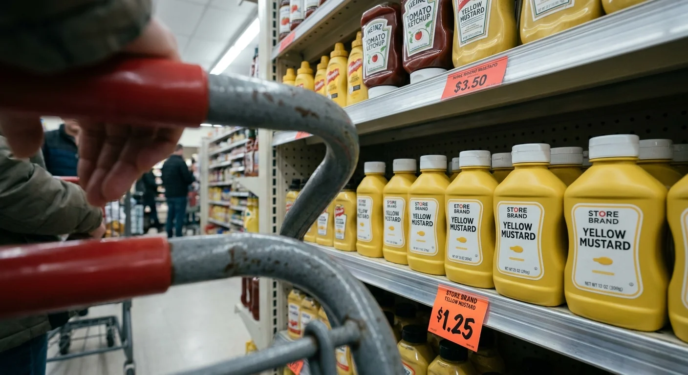 A grocery store shelf showing a name-brand mustard for $3.50 and a store-brand version for $1.25.