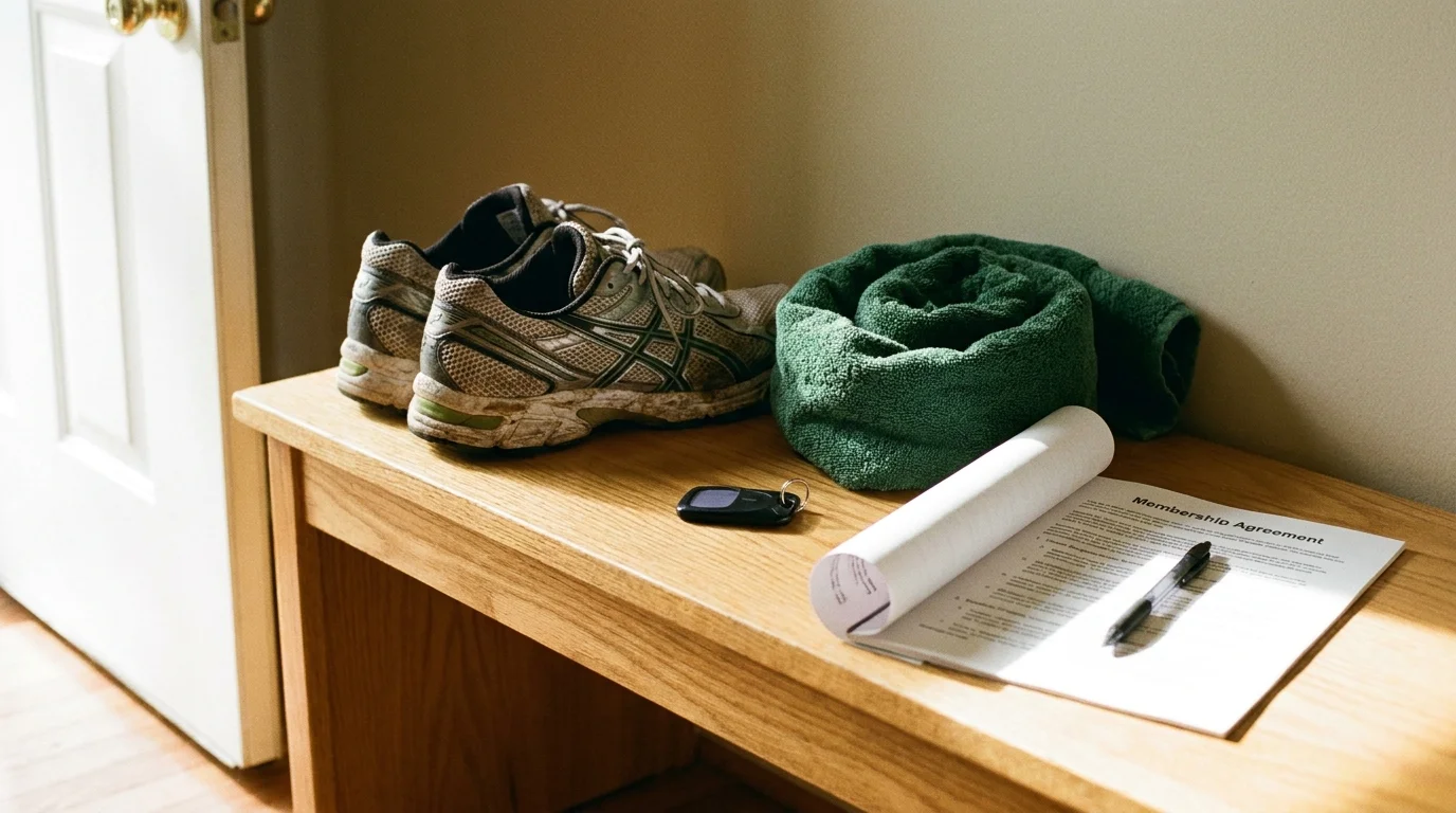 A gym membership fob and agreement lying next to running shoes on a wooden entryway bench.