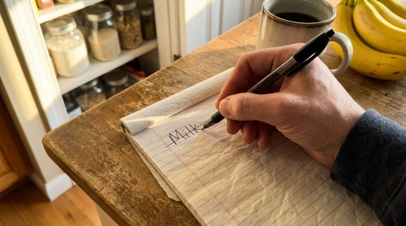 A hand crosses an item off a handwritten grocery list on a kitchen counter.