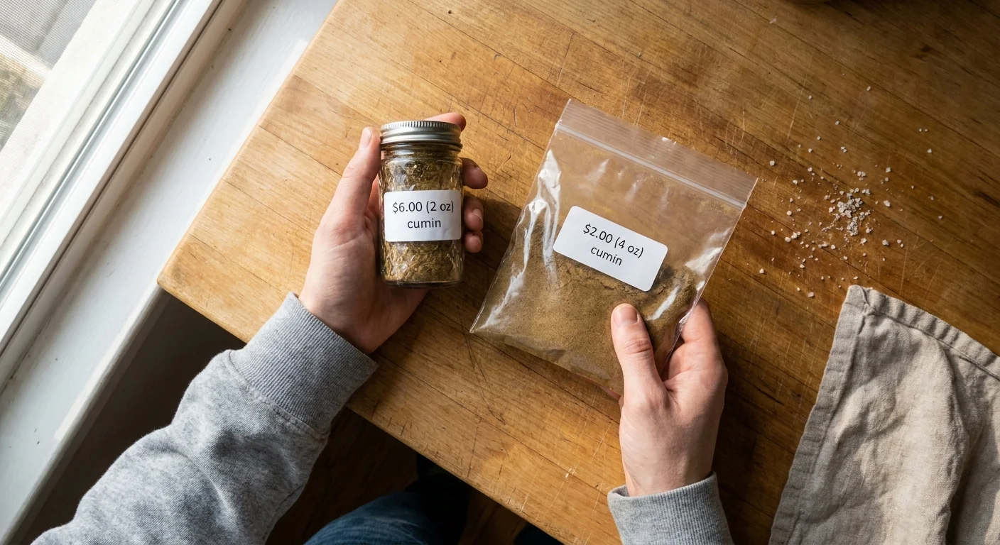 A hand holding a $6 brand-name spice jar next to a $2 bag of the same spice from the international food aisle.