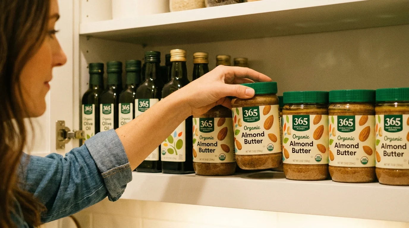 A hand reaching for a jar of almond butter on a neatly organized pantry shelf filled with store-brand staples.