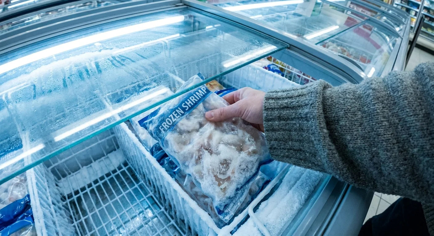 A hand reaching into a freezer to grab a bag of frozen shrimp covered in frost.
